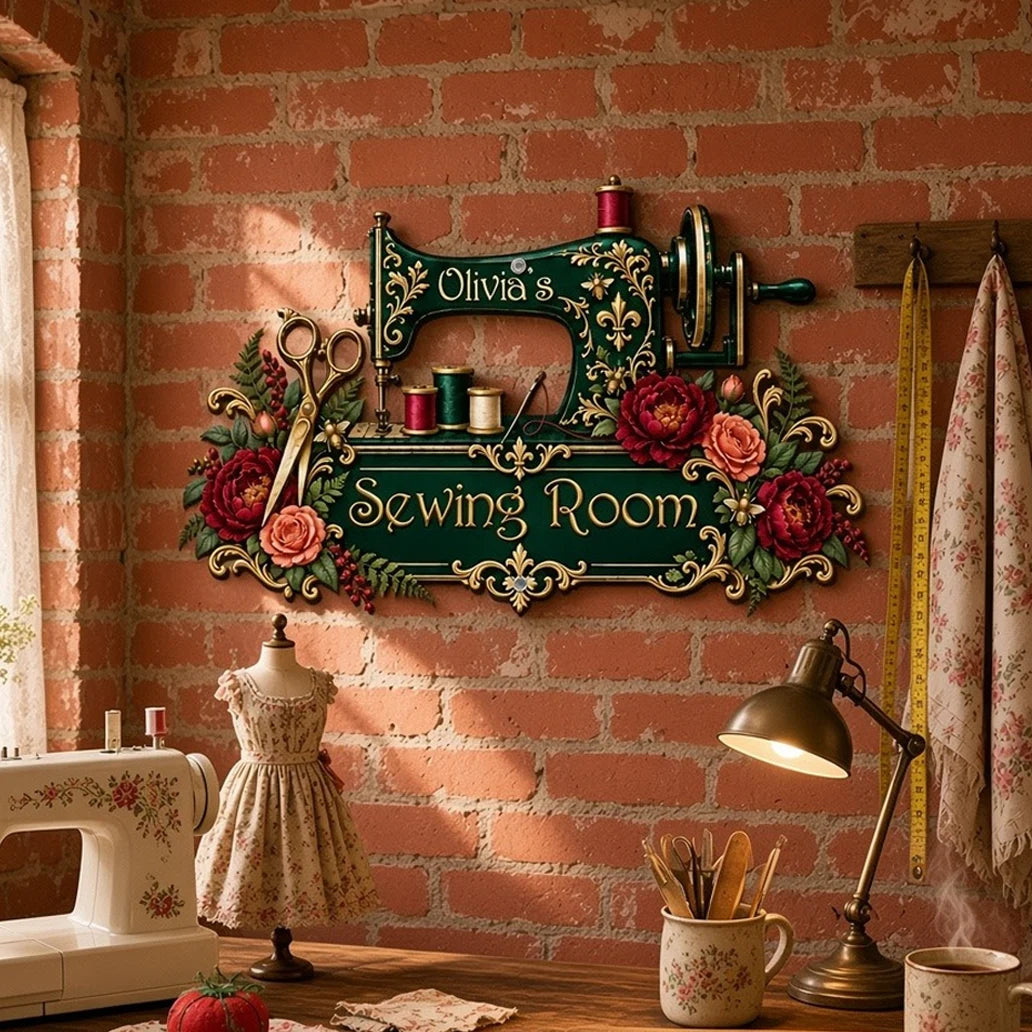 Shaped Metal Sign, Personalized Floral Sewing Room Decor, Creative Gift for Mom, Grandma or a Quilter
