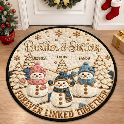 Forever Linked Together Round Quilted Mat, Personalized Sibling Decor, Creative Family Gift with Snowmen