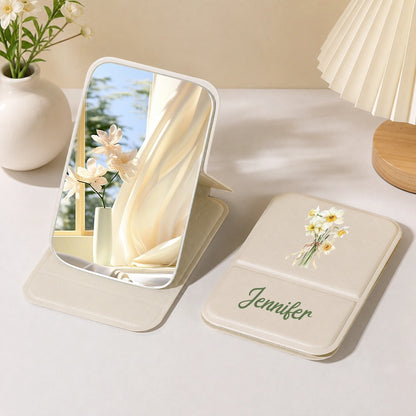Leather Folding Makeup Mirror with Soft Floral Art, Custom Keepsake, Creative Gift for Beauty Lover