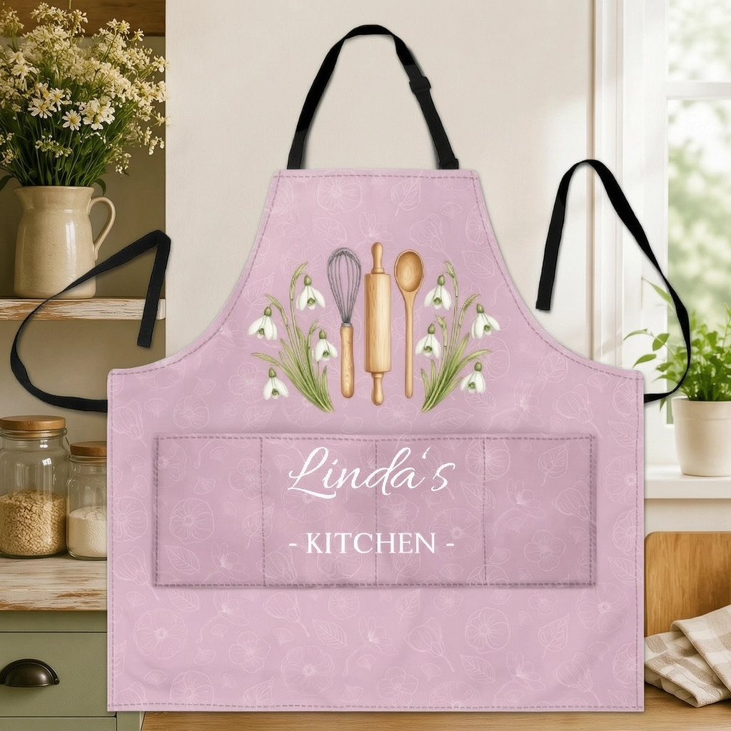 Custom Name Birth Flower Kitchen Apron, Adjustable 4-Pocket Cooking Gift for Women, Moms and Bakers