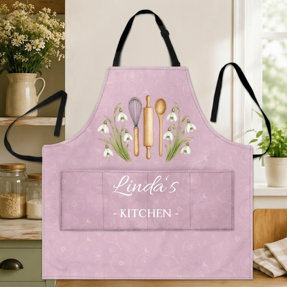 Custom Name Birth Flower Kitchen Apron, Adjustable 4-Pocket Cooking Gift for Women, Moms and Bakers