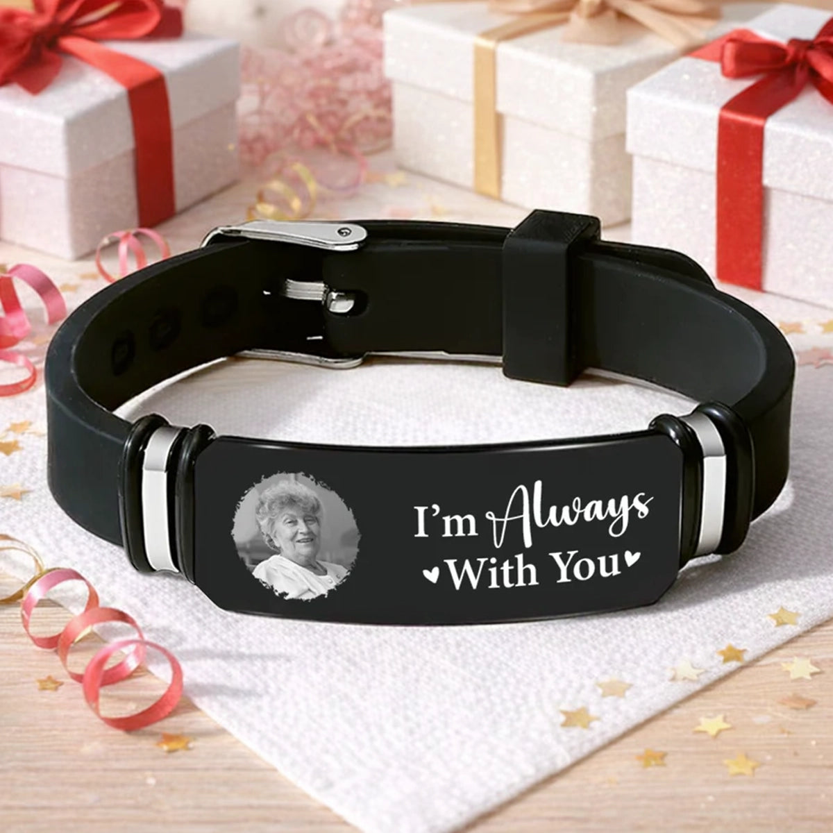 Personalized Silicone Bracelet with Photo, Black Memorial Keepsake, Unique Sympathy Gift for Family