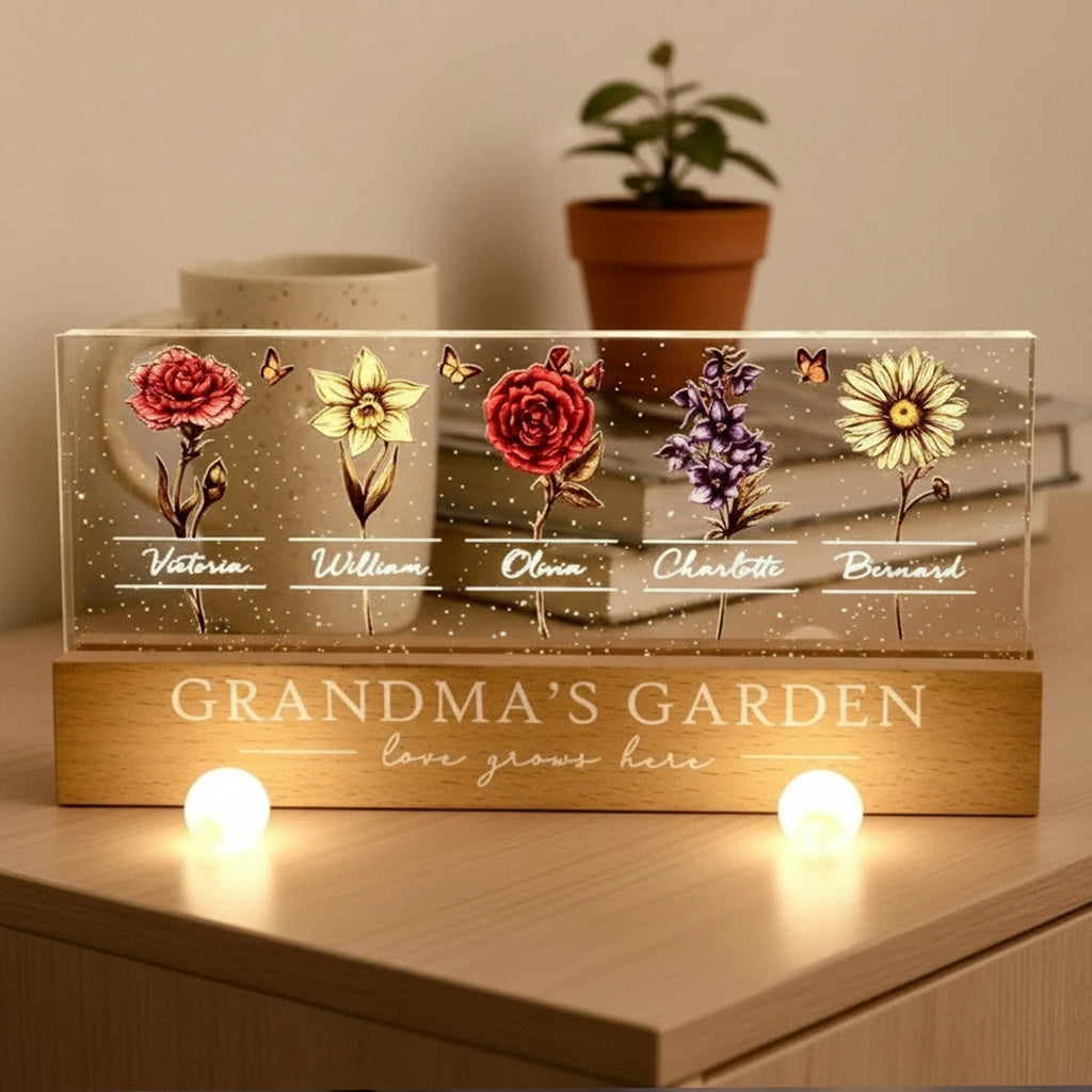 Personalized Block LED Light Plaque, Grandma's Garden Birth Month Flowers, Unique Gift for Grandma