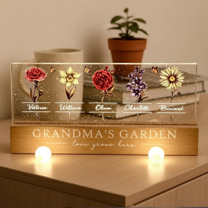 Personalized Block LED Light Plaque, Grandma's Garden Birth Month Flowers, Unique Gift for Grandma