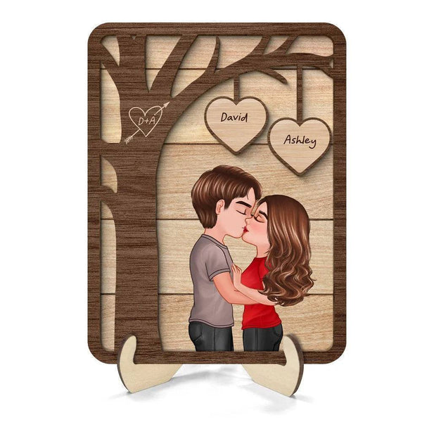 Love Beneath the Boughs - Personalized Kissing Couple Under Tree Wooden Plaque - 2-Layer Romantic Gift for Valentine's & Anniversaries