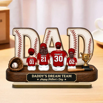 Baseball Daddy's Dream Team Wooden Plaque with Back View Family, Creative Gift for Dad & Baseball Fans