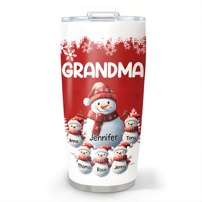Snowman Grandma Insulated Travel Tumbler with personalized family names, cozy Christmas and winter gift