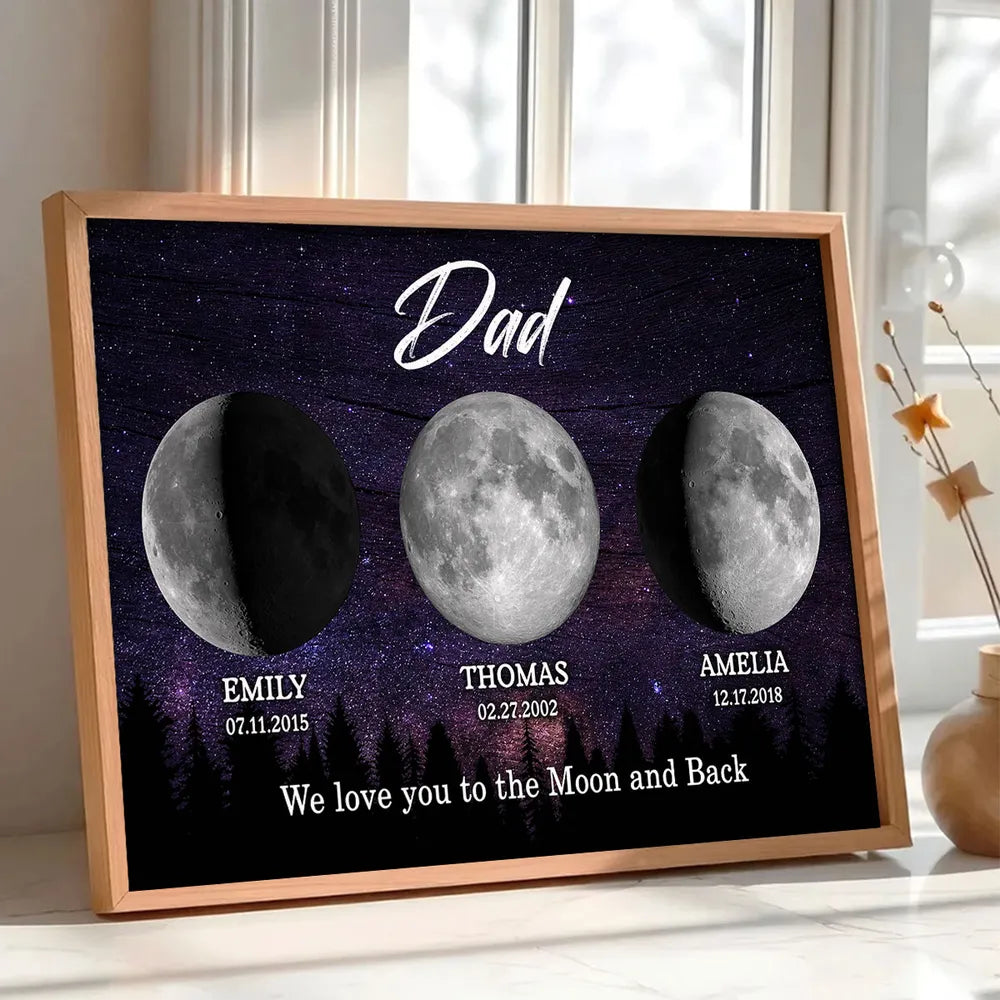 Dad We Love You to the Moon and Back Personalized Moon Phase Poster, Starry Night Gift for Dad