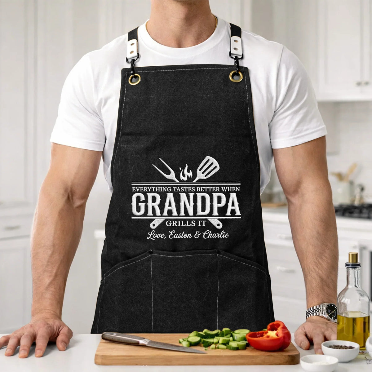 Everything Tastes Better Personalized Canvas Pocket Apron, Unique Grill Gift for Grandpa