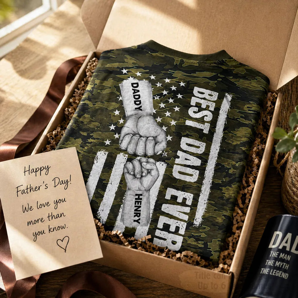 Best Dad Ever Printed Classic Tee with Daddy Fist Bump, Camo Flag Style, Creative Gift for Dad