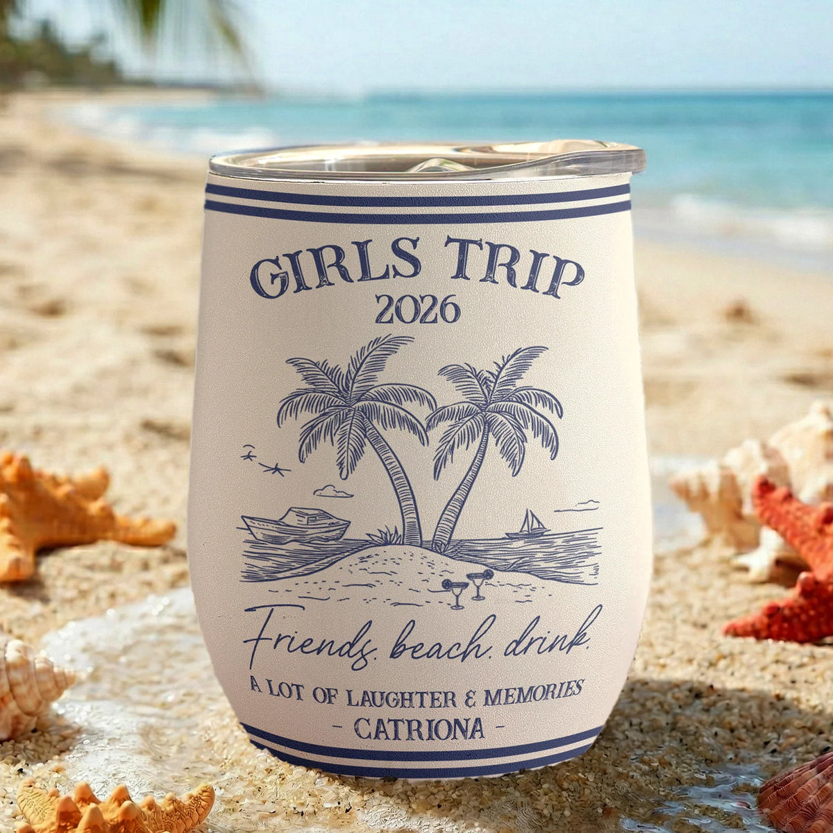 Personalized Girls Trip Beach Eggshell Cup, Palm Island Line Art, Unique Friend Group Gift For Summer Sipping