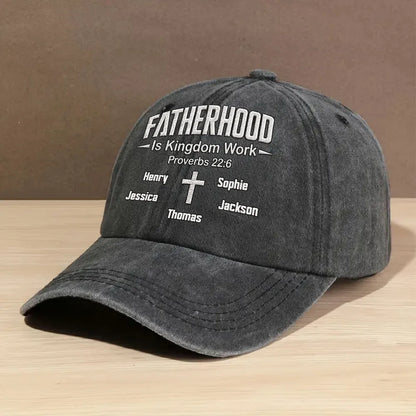 Personalized Washed Denim Baseball Cap, Fatherhood Is Kingdom Work, Unique Gift for Dad