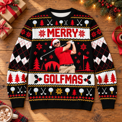 Custom Golf Photo Christmas Sweatshirt, Festive Merry Golfmas Ugly Sweater Design, Unique Holiday Gift for Golfers
