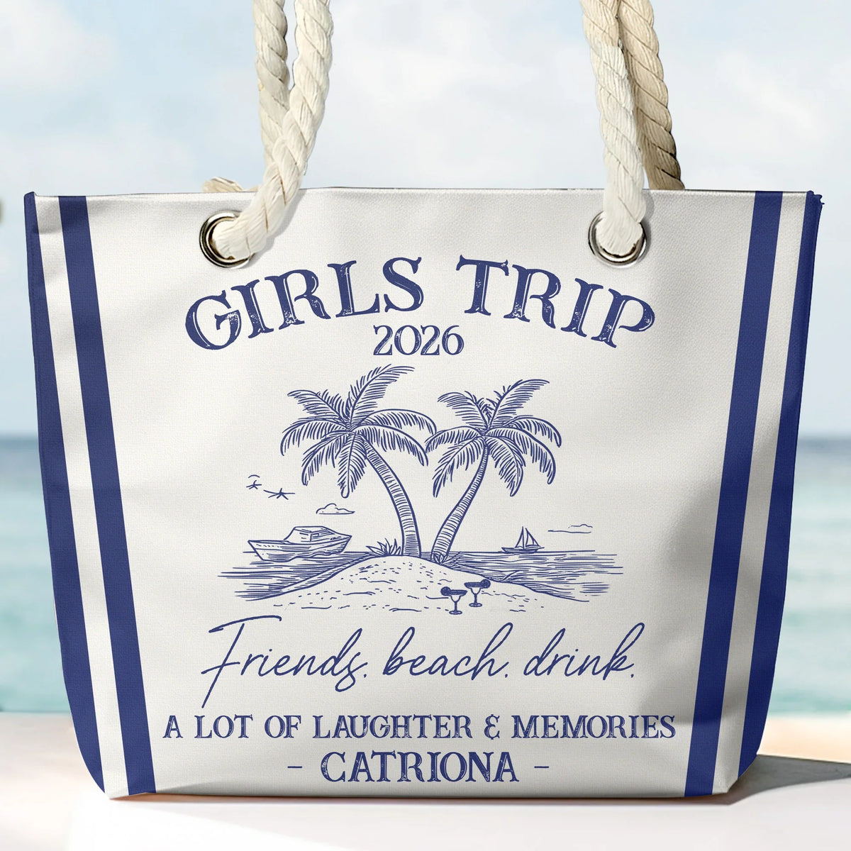 Rope Handle Canvas Bag for Girls Trip, Personalized Beach Getaway Design, A Lot of Laughter & Memories Gift