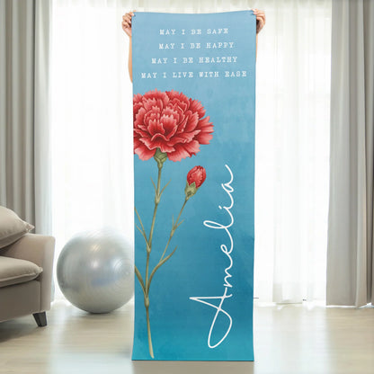 Personalized Birth Flower Yoga Mat With Custom Name, Calm Blue Floral Home Practice, Unique Gift For Yoga Lovers