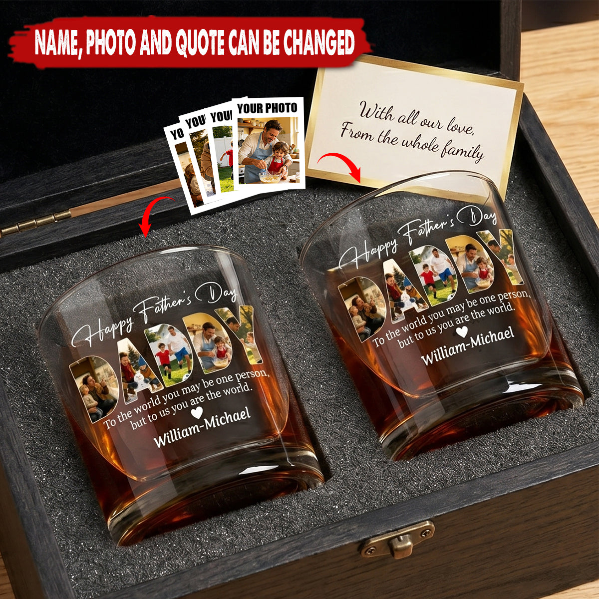 Personalized Whiskey Glass For Dad, Happy Father's Day Quote & Photo Design, Heartfelt Creative Gift