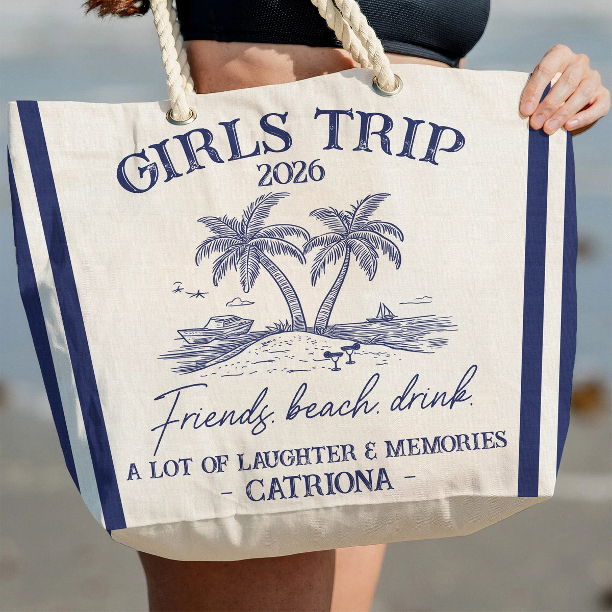 Rope Handle Canvas Bag for Girls Trip, Personalized Beach Getaway Design, A Lot of Laughter & Memories Gift