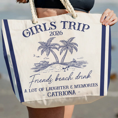 Rope Handle Canvas Bag for Girls Trip, Personalized Beach Getaway Design, A Lot of Laughter & Memories Gift