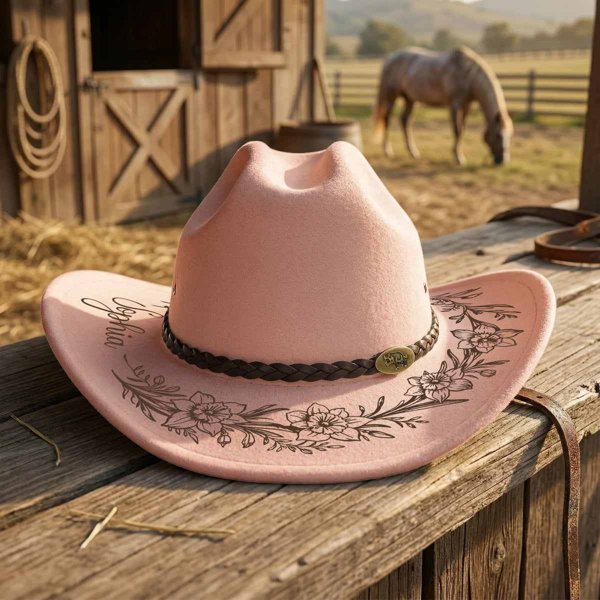 Personalized Birth Flower Wool Felt Cowboy Hat, Unique Creative Gift for Cowgirls