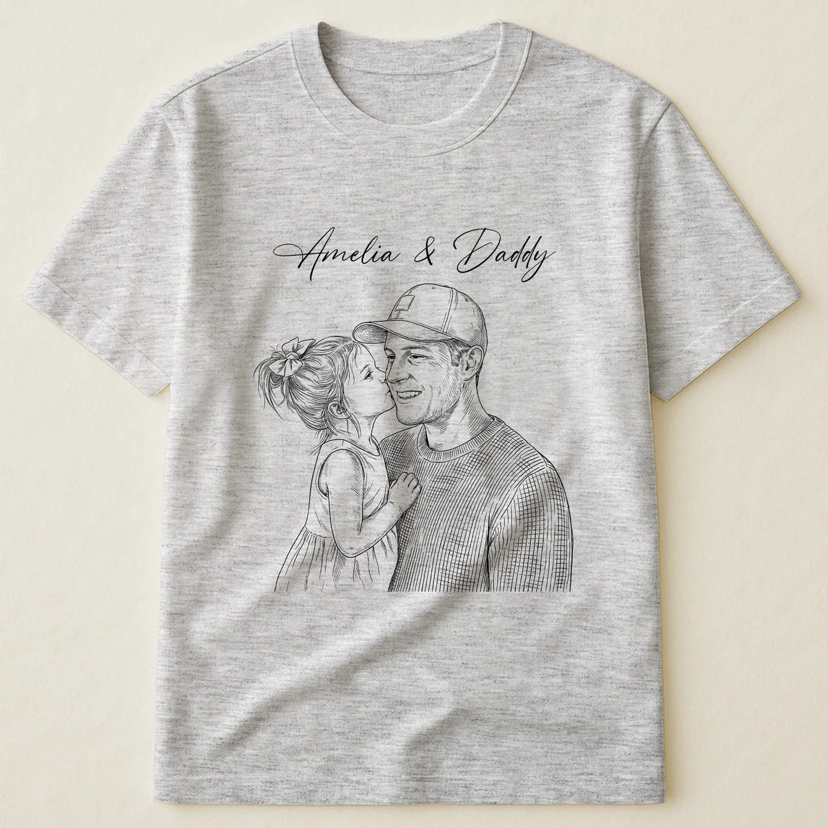 Custom Photo Sketch Classic Tee, Heartwarming Parent & Child Moment, Creative Gift for Husband or Dad