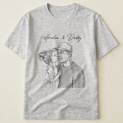 Custom Photo Sketch Classic Tee, Heartwarming Parent & Child Moment, Creative Gift for Husband or Dad