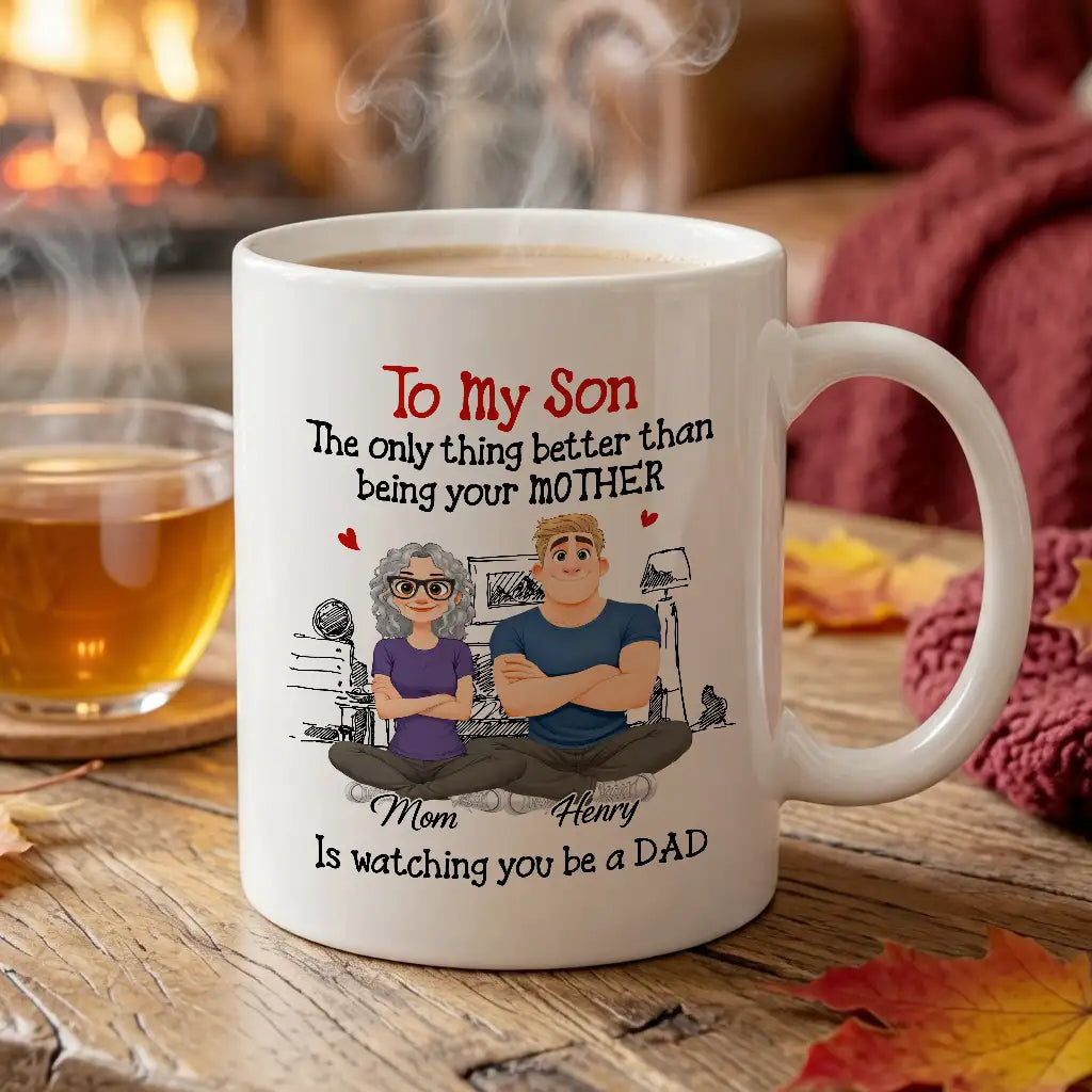 Personalized Ceramic Mug for Son, Custom Cute Mom and Son Illustration, Daily Coffee Gift That Hits the Heart