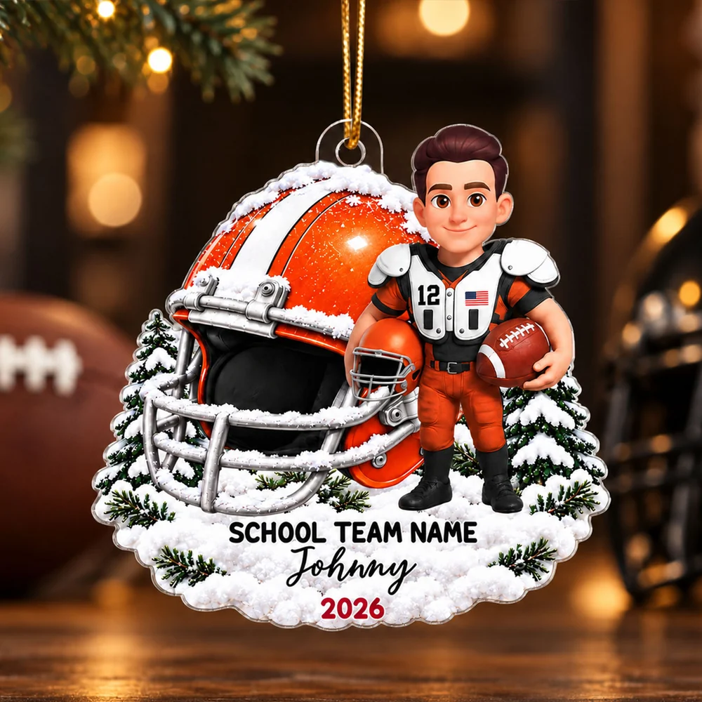 Personalized Acrylic Ornament, Snowy Football Player Scene, Unique Keepsake Gift for Son or Grandson