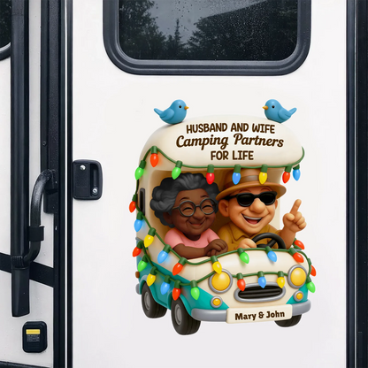 Personalized Sticker Decal, Colorful Cartoon Camping Couple in Camper, Unique Creative Gift for Husband and Wife