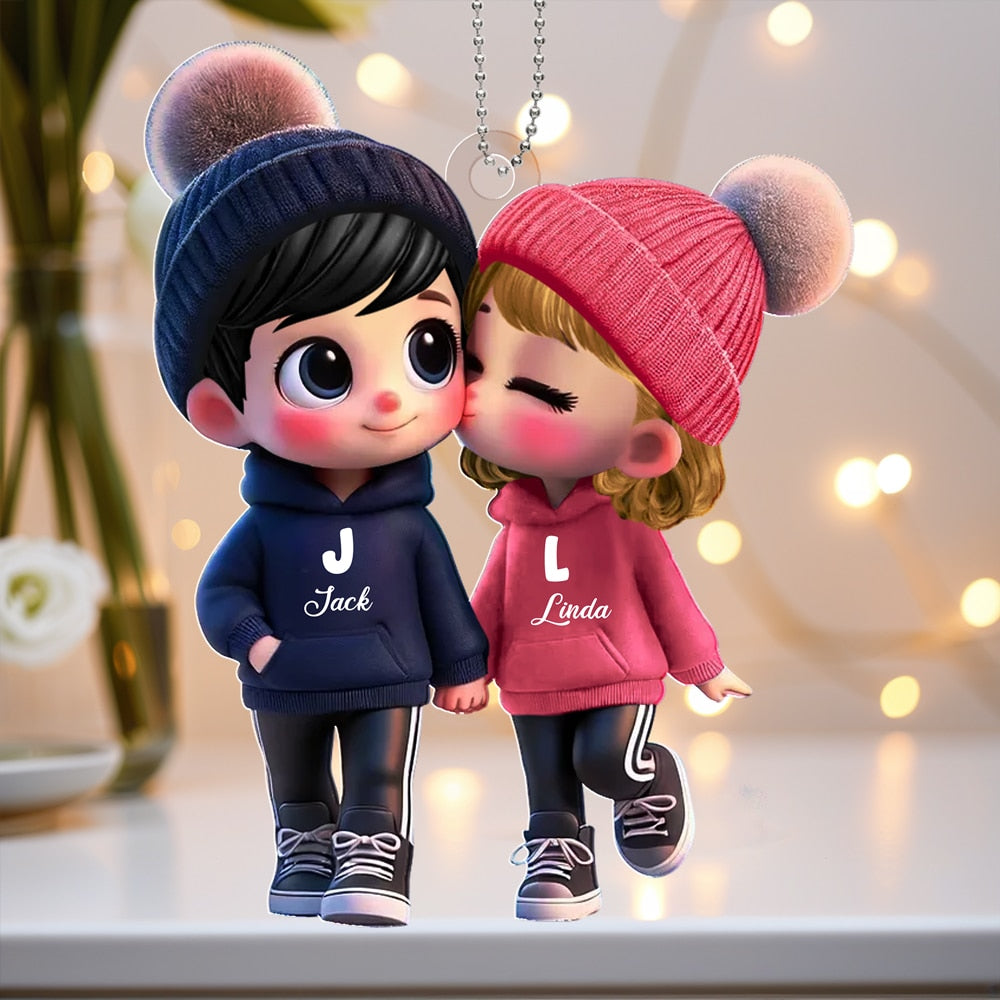 Personalized Acrylic Car Hanger for Couples – Cute Cartoon Design with Custom Names