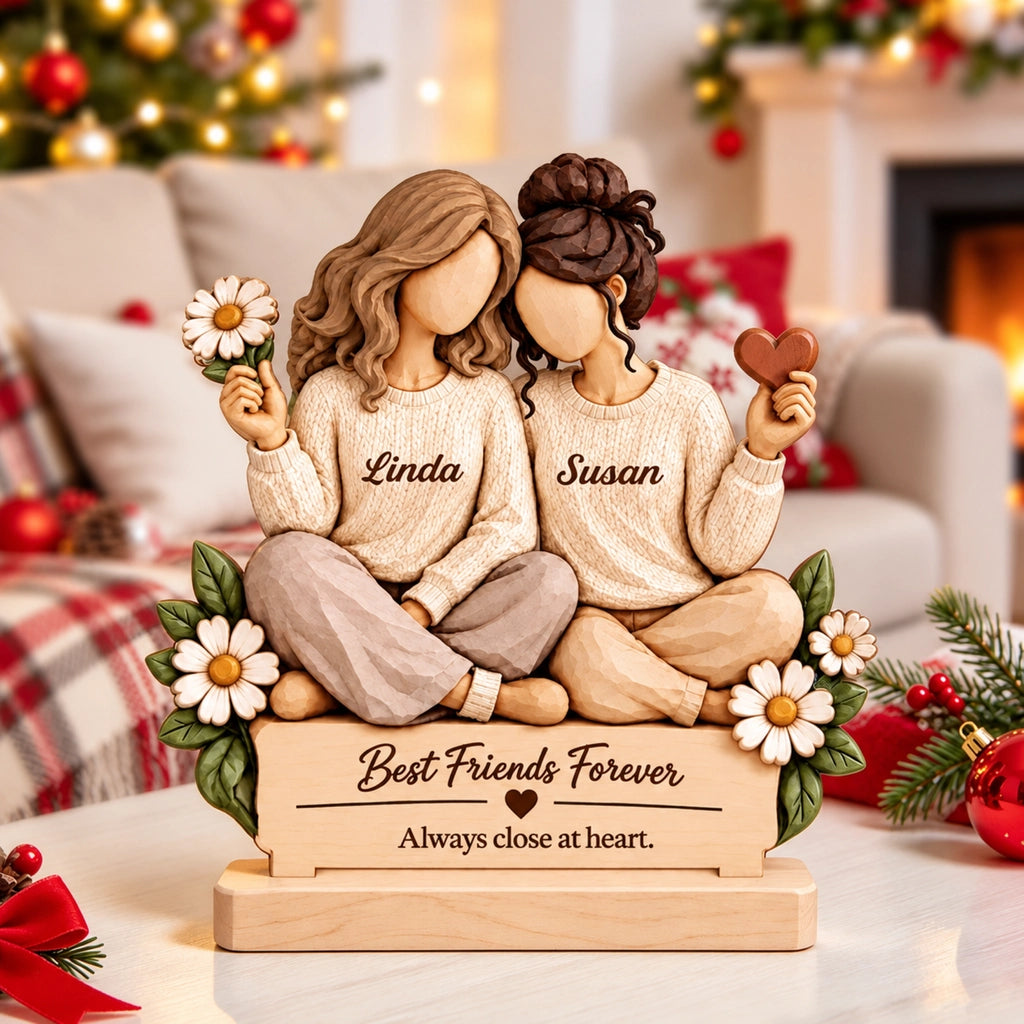 Best Friends Forever Personalized Wooden Ornament, Friends Sitting Close, Creative Heartfelt Gift for a Friend