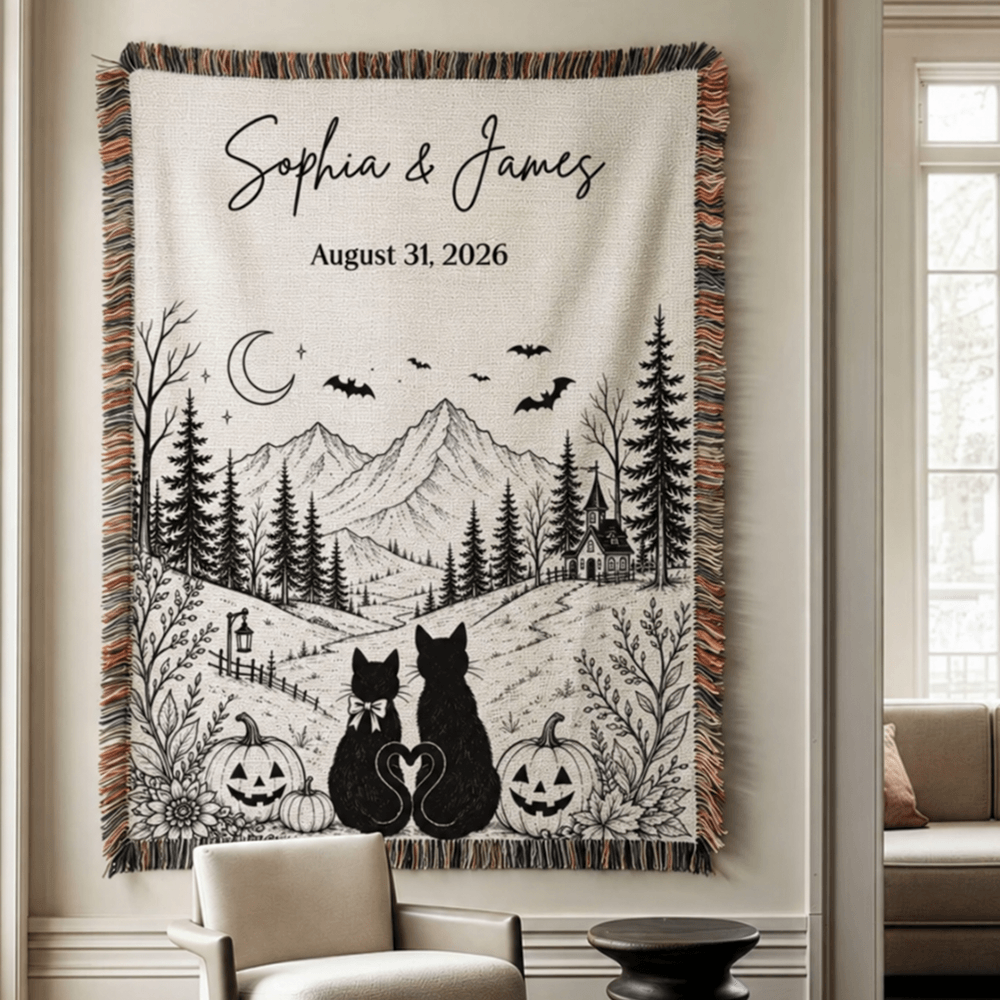 Custom Vintage Halloween Woven Blanket with Black Cat Couple & Moonlit Mountain Scene, Personalized Anniversary Gift