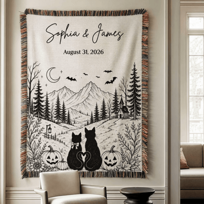 Custom Vintage Halloween Woven Blanket with Black Cat Couple & Moonlit Mountain Scene, Personalized Anniversary Gift