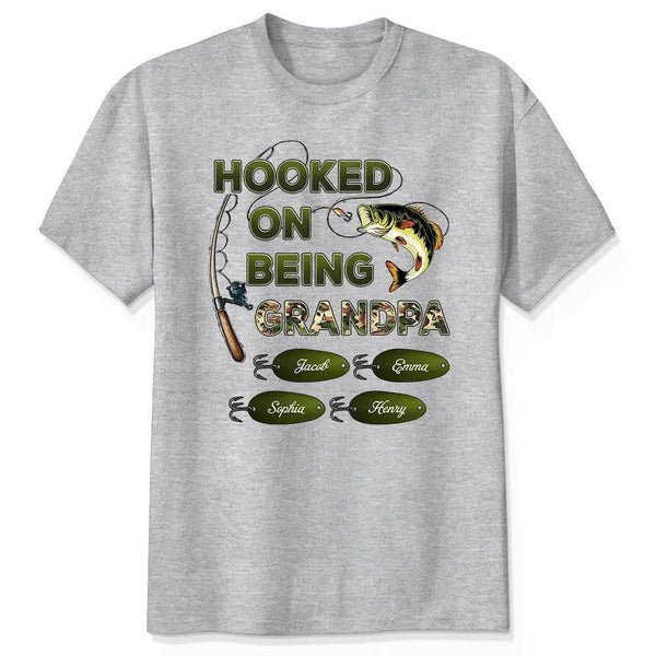 "Personalized Grandpa Fishing T-Shirt/Hoodie - Hooked on Being Grandpa - Ideal Father's Day or Birthday Gift"