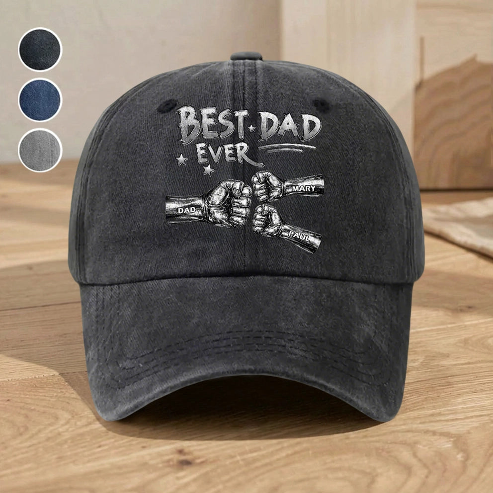 Personalized Washed Denim Baseball Cap, Best Dad Ever Fist Bump Design, Unique Vintage Look Gift for Dad
