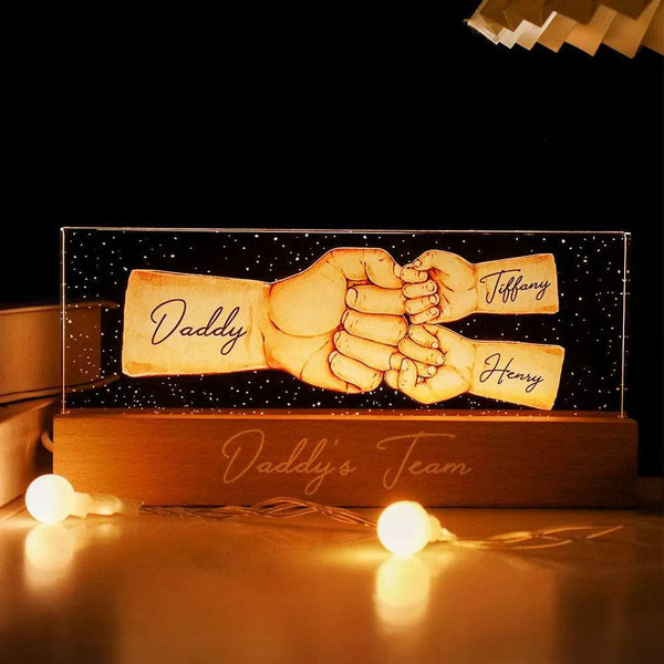 Daddy's Team Fist Bump Personalized Acrylic LED Night Light, Father's Day Gift For Dad, Grandpa, Husband