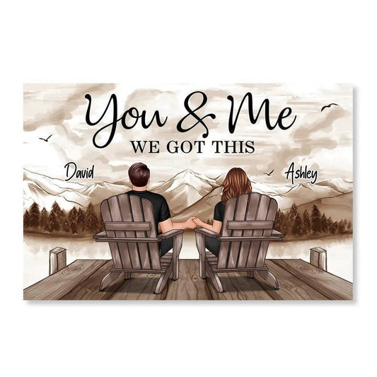 Retro Vintage Back View Couple Sitting Mountain Landscape Personalized Horizontal Poster or Canvas