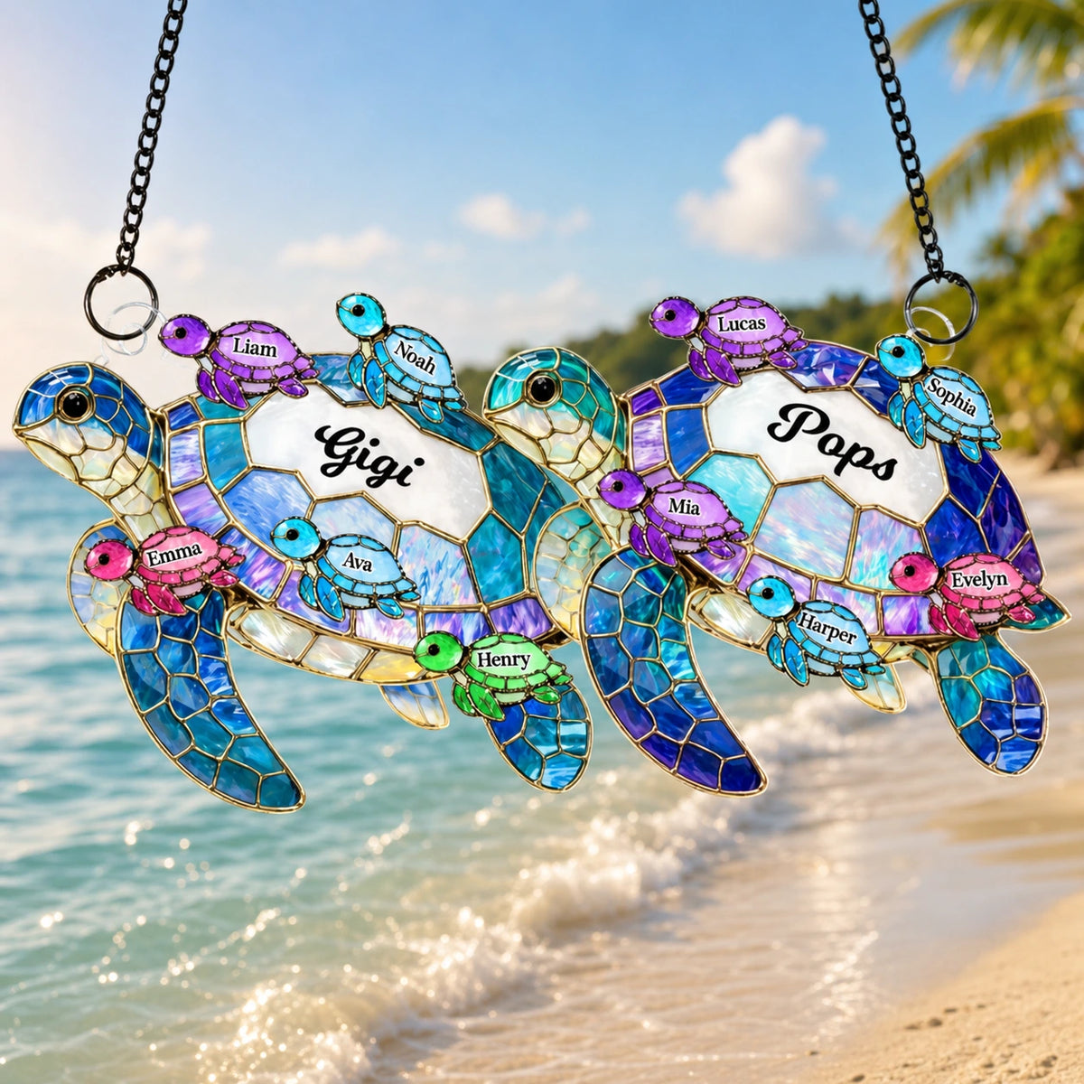 Personalized Grandma & Grandpa Turtle Suncatcher Ornament, Custom Grandkids Names, Family Gift for Grandparents