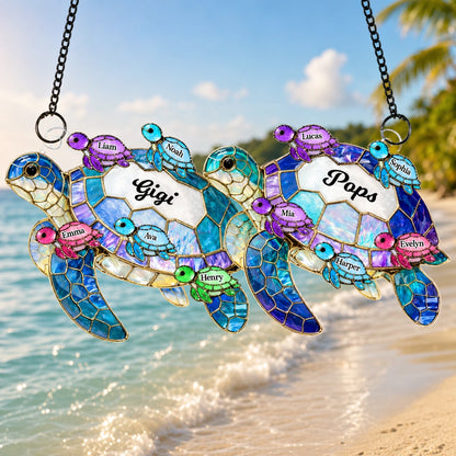 Personalized Grandma & Grandpa Turtle Suncatcher Ornament, Custom Grandkids Names, Family Gift for Grandparents