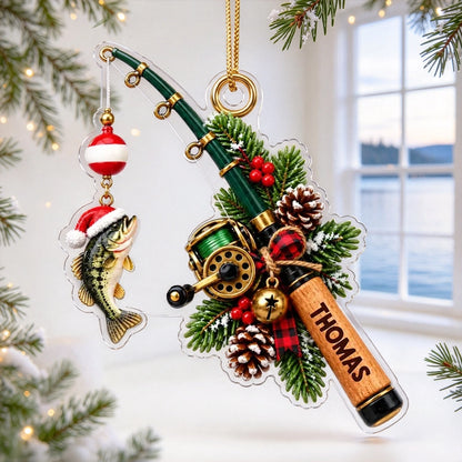Personalized Fishing Acrylic Ornament, Santa Hat Fish on Snowy Pine, Sentimental Creative Christmas Gift for Dad