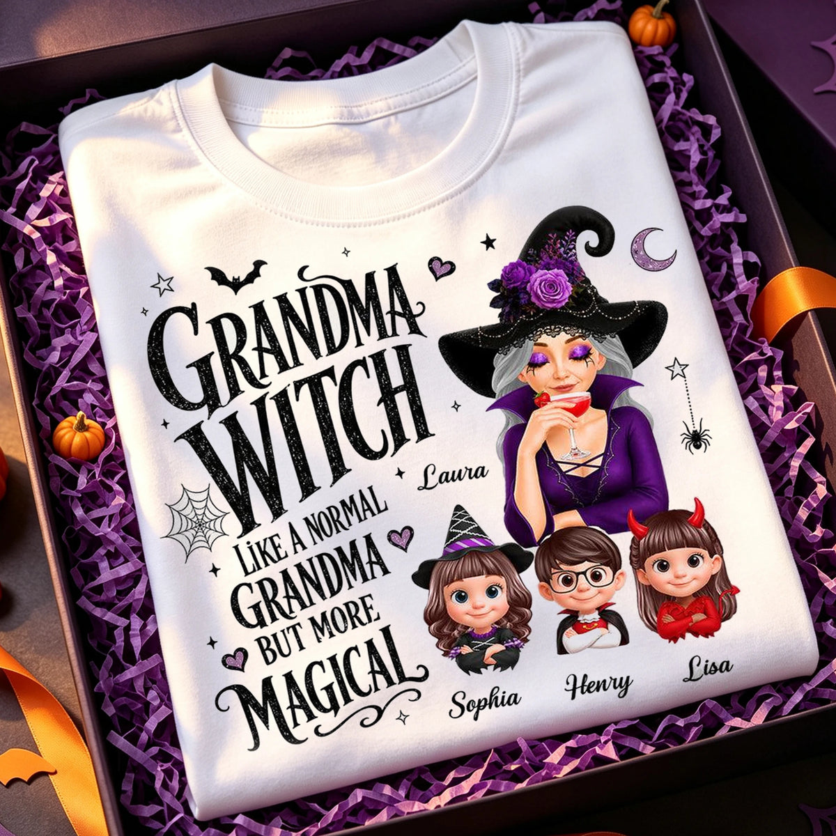 Personalized Grandma Witch Classic Tee, Sipping Witch & Grandkid Art, Unique Halloween Gift For Grandma