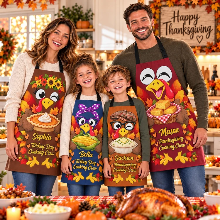 Personalized Thanksgiving Aprons, Smiling Family Cooking Crew in a Warm Fall Kitchen, Unique Gift