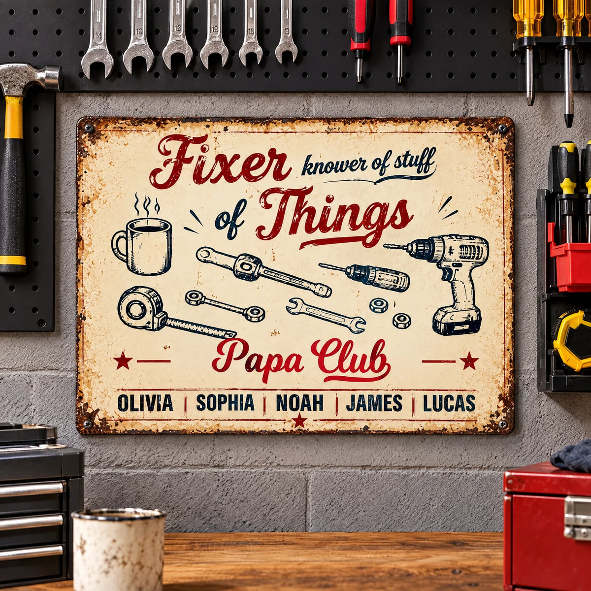 Personalized Grandpa Workshop Sign, Vintage Fixer of Things Decor with Kids’ Names, Gift for Papa