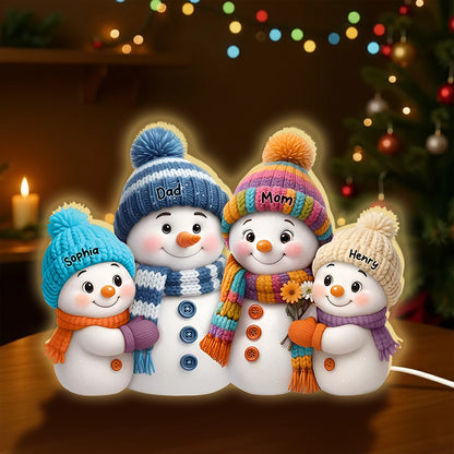 Personalized Snowman Family Acrylic Light Box with soft lighting, heartfelt winter gift for parents or loved ones