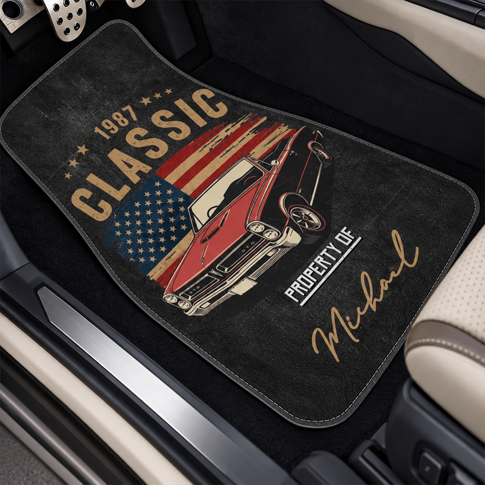 Personalized Classic Car Floor Mats with Custom Name, Year & Flag, Gift for Dad, Husband, Boyfriend or Car Lover