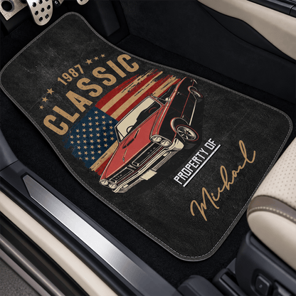 Personalized Classic Car Floor Mats with Custom Name, Year & Flag, Gift for Dad, Husband, Boyfriend or Car Lover