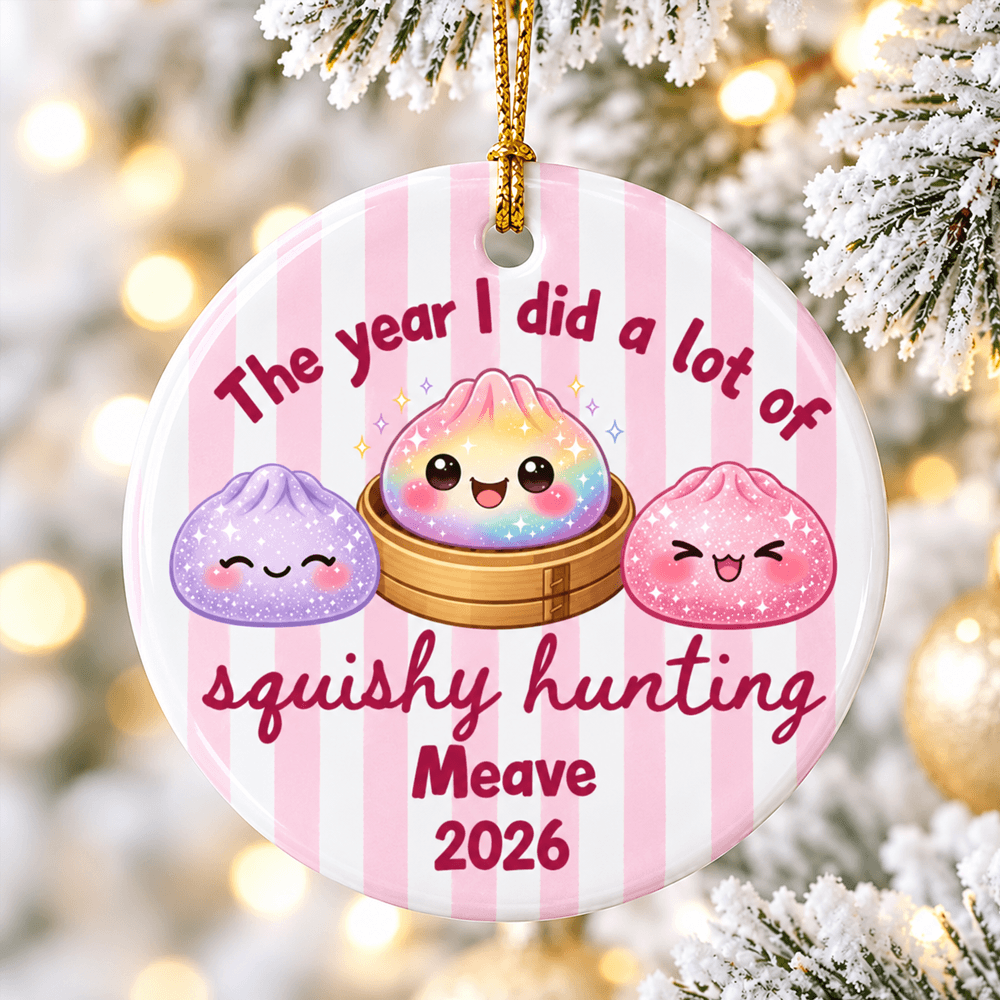 Personalized Squishy Hunting Ceramic Ornament, Cute Kawaii Cartoon Design, Custom Name Christmas Keepsake Gift