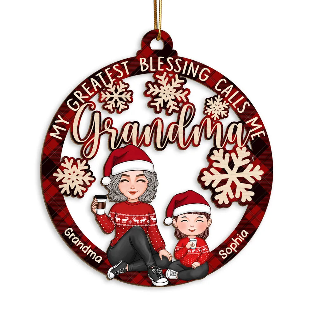 keychain, Grandma Ornament with plaid border, snowflakes, and cartoon grandmother and granddaughter