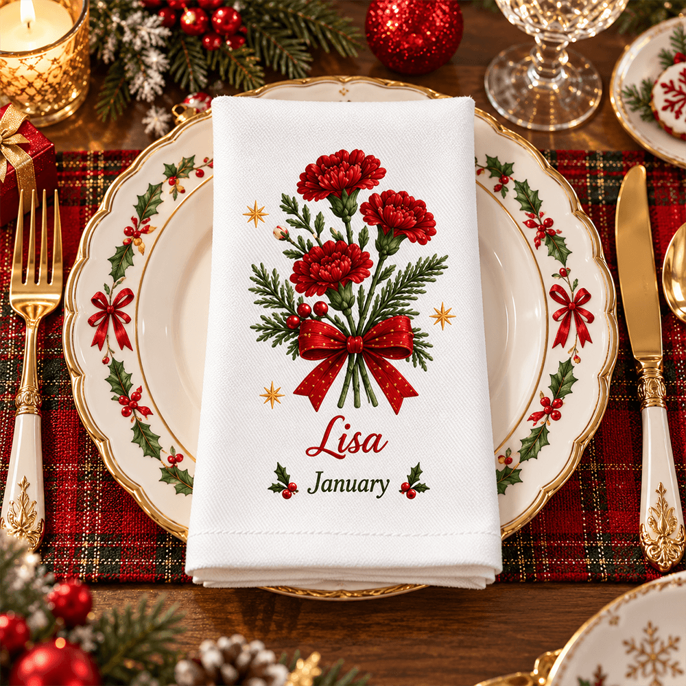 Personalized Reusable Cotton Napkin, Christmas Floral Place Setting, Unique Gift for Family