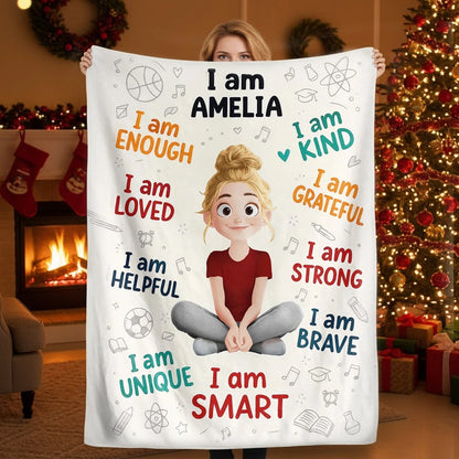 Personalized Fleece Blanket for Kids with I Am Affirmations, Cute Cartoon Girl, Confidence Boost, Unique Creative Gift for Daughters