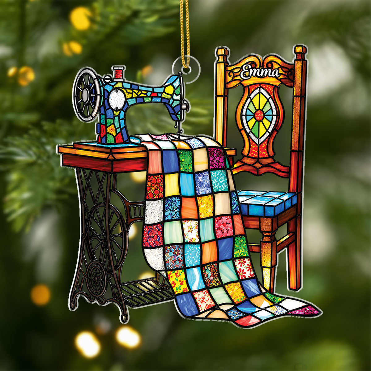 Personalized Acrylic Ornament with Colorful Sewing Machine and Quilt, Unique Gift for Sewing Lovers